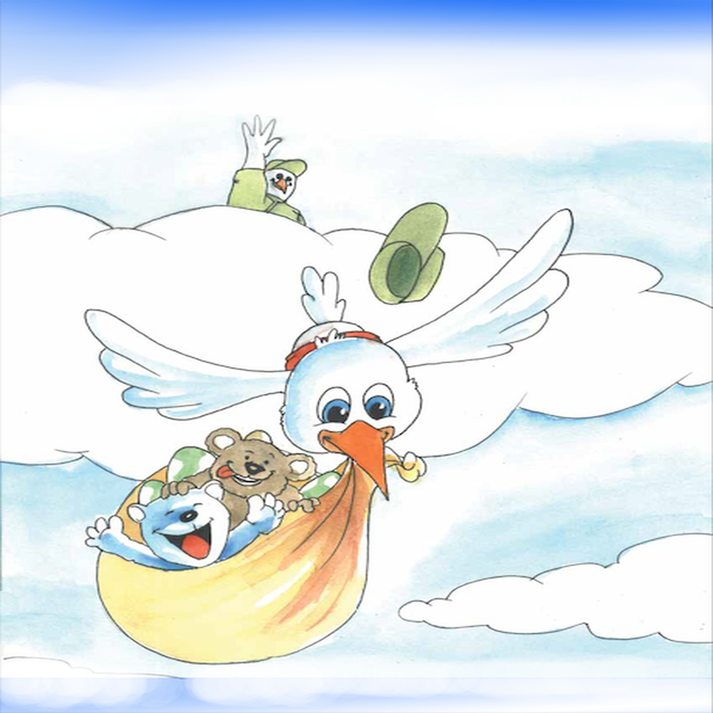 Illustration of stork carrying baby animals
